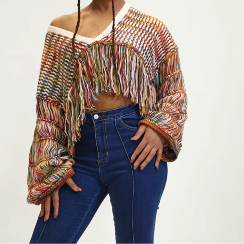 Ivory Rose Multi Candy Shaggy Fringe Cropped Sweater Small